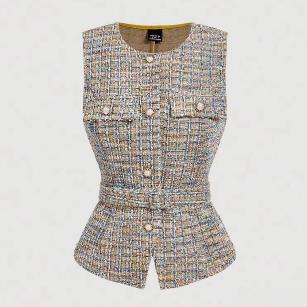 Sleeveless Tweed Belted Peplum Blouse in Multicolor
